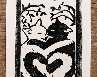 Handmade Linocut Cat Tarot Print | Lovers Card Wall Art (5x7)
