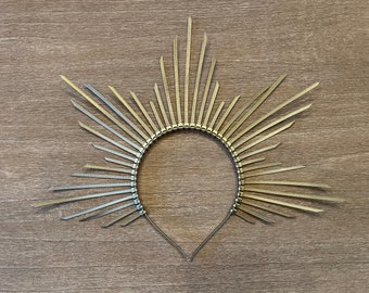 Gold Sunburst Crown Headpiece • Festival Halo Crown • Goddess Headdress • Costume Accessory