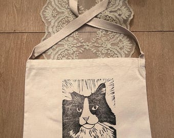 Custom Linoprint Pet Portrait Crossbody Canvas Bag, Hand Carved Art
