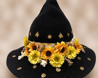 Black Sunflower Witch Hat, Floral Fairycore Festival Accessory