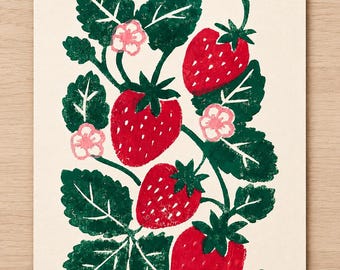 Hand-Carved Strawberry Linocut Print | Botanical Cottagecore Wall Art (5x7)
