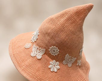 Pink Knitted Witch Hat, Butterfly Floral Embellishments, Fairycore Cottagecore Style
