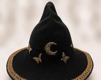Celestial Witch Hat, Black Moon Butterfly Fantasy Accessory, Wool Blend