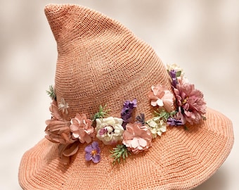 Handmade Pink Floral Witch Hat, Fairycore Cottagecore Accessory, Renaissance Faire Costume