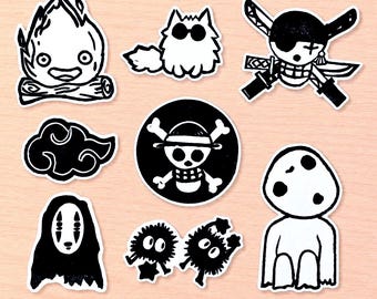 Linoprint Anime Inspired Sticker Pack | Handmade Stickers