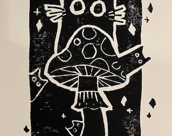 Handmade Cat and Mushroom Linoprint, 4x6 Art Print