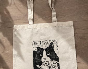 Custom Pet Tote Bag | Personalized Cat or Dog Tote | Hand Printed Linoprint Pet Portrait Bag | Custom Pet Gift