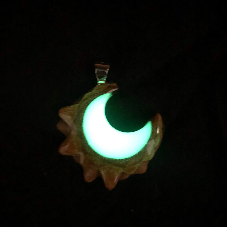 White to Green Glow in the Dark Crescent Moon Pinecone Pendant Pine Cone Necklace