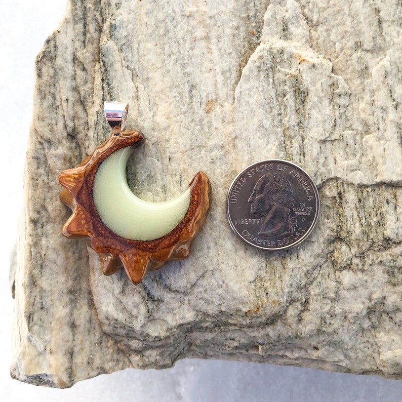 White to Green Glow in the Dark Crescent Moon Pinecone Pendant Pine Cone Necklace
