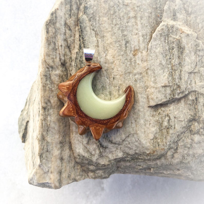 White to Green Glow in the Dark Crescent Moon Pinecone Pendant Pine Cone Necklace