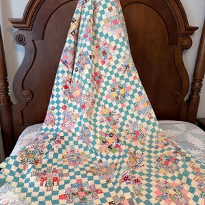 Vintage Postage Stamp Patchwork Hand Quilted Quilt w Great Retro Fabrics ~ Muslin Backing ~ 88" x 72" ~ Bed Linens ~ Bedding