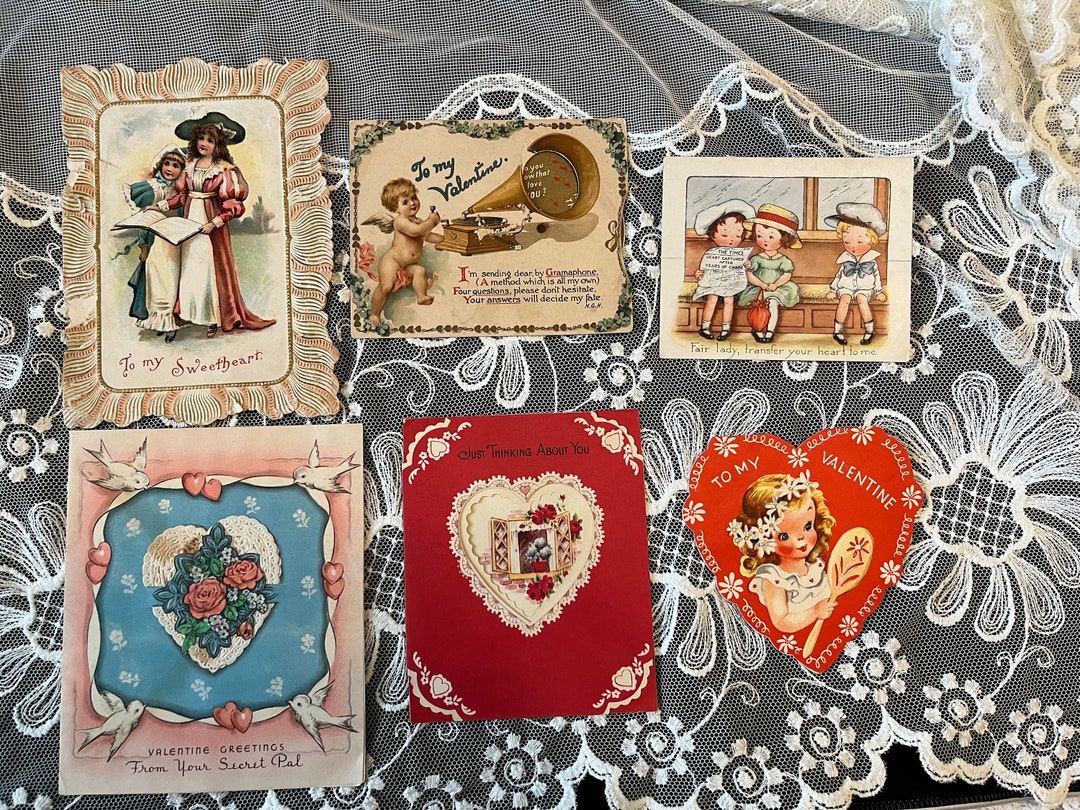 Vintage Antique Valentine's Day Cards ~ Lot of 6 ~hearts & Flowers ...