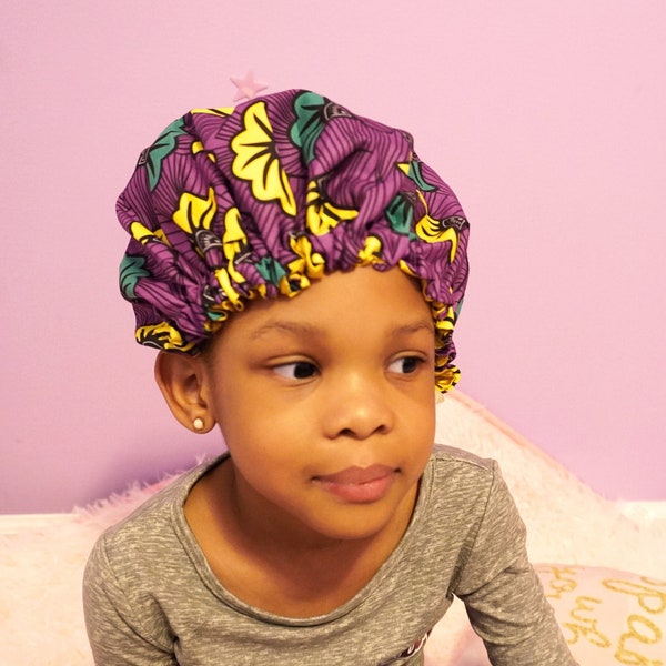 Bonnet de nuit réglable en satin imprimé africain pour enfants