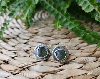 Dark Green Sea Glass Stud Earrings: .925 Sterling Silver Sunburst