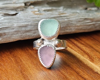 Aqua & Purple Sea Glass Ring: Adjustable Sterling Silver Statement Ring
