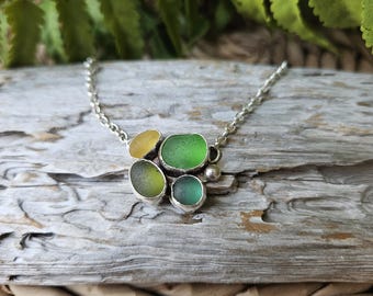Green Sea Glass Cluster Pendant: Sterling Silver Mermaid Necklace