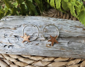 Hammered Copper and Sterling Silver Starfish Stud Earrings: Recycled Sea Glass