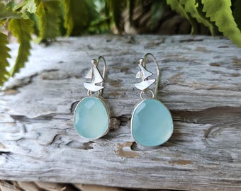 Aqua Chalcedony Sailboat Earrings: Sterling Silver Dangles