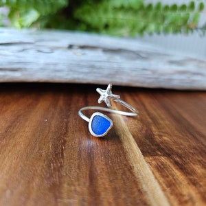 Adjustable Starfish Seaglass Wrap Ring, Sterling Silver .925, minimalist silver ring, beach gift, ocean creature, sea star ring