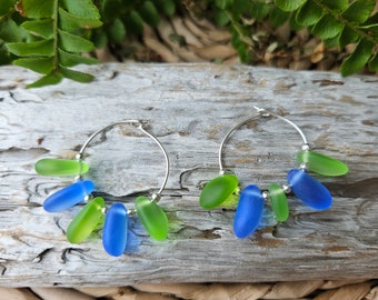 Blue and Green Sea Glass Hoop Earrings, .925 sterling silver, beach glass earrings, gift for her, organic shape, minimalist