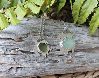 Sea Turtle Sea Glass Pendant: Recycled Sterling Silver Necklace