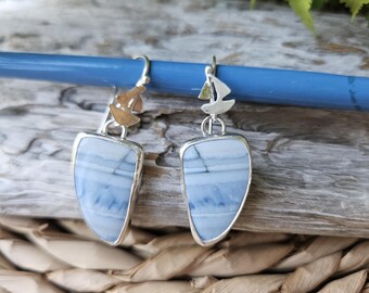 Blue Opal Sailboat Earrings: .925 Sterling Silver Ocean Dangles