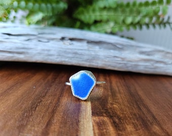 Adjustable Blue Sea Pottery Statement Ring with plain band, Sterling Silver .925, beach ceramic ring, minimalist silver ring, beach gift