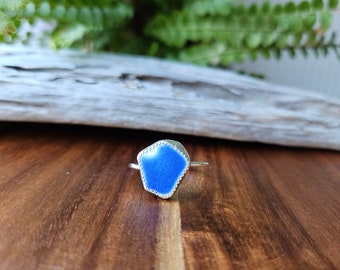 Adjustable Sterling Silver Blue Sea Pottery Ring - Beach Gift