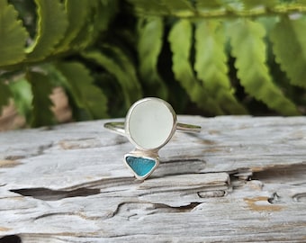 Adjustable Sterling Silver Aqua Blue and White Sea Glass Ring - Beach Gift