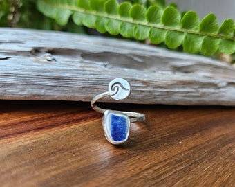 Adjustable Sterling Silver Sea Glass Ring: Hand Stamped Wave