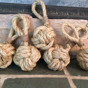 Monkey Fist Nautical Ornament, natural Sisal Rope, authentic hand tied knot, Christmas ornament, bathroom decor, beach decor