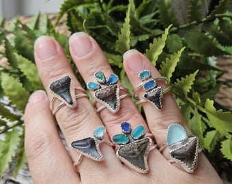 Fossilized Shark Tooth and Sea Glass Ring: Sterling Silver Statement Ring, made to size
