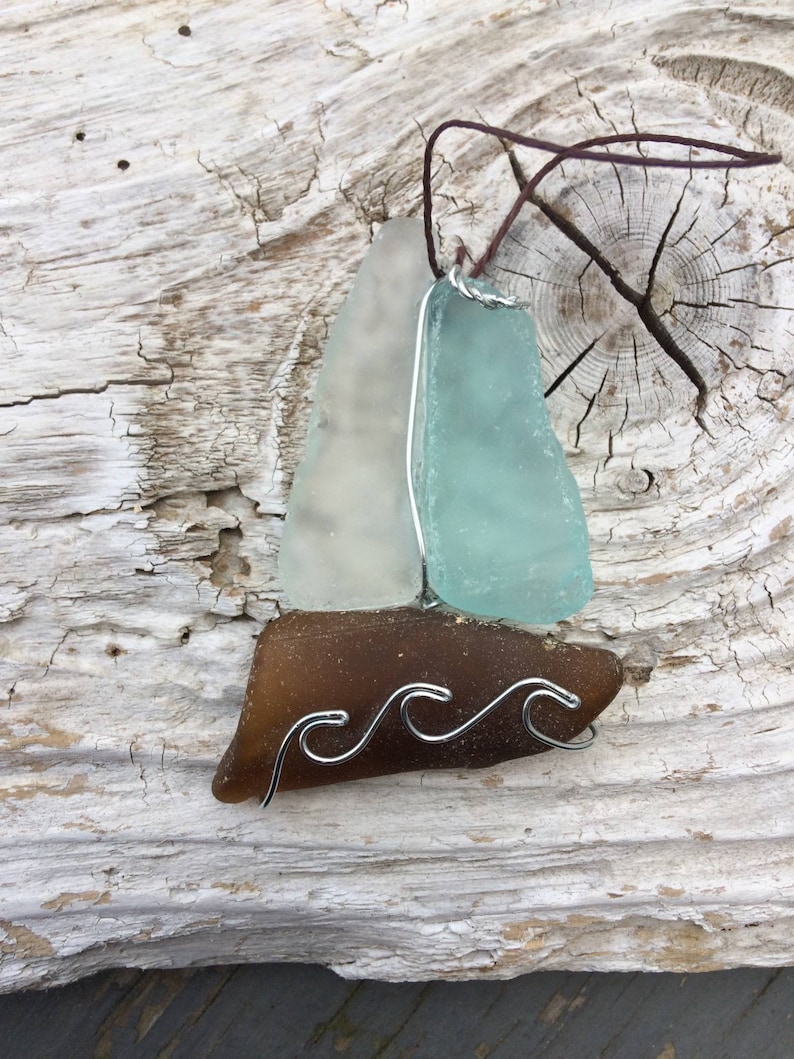 Seaglass Sailboat Ornament, Sun catcher, beach Christmas bauble, beach bathroom decor, authentic sea glass, beach glass decor, sailor gift image 5