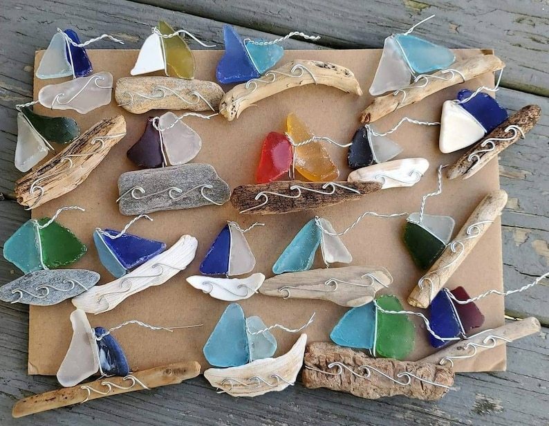 Seaglass Sailboat Ornament, Sun catcher, beach Christmas bauble, beach bathroom decor, authentic sea glass, beach glass decor, sailor gift image 8