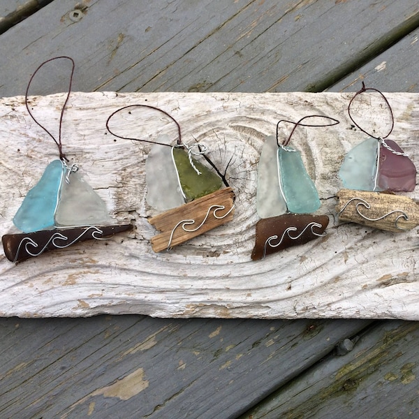 Adorno de velero de cristal marino, bola navideña de playa