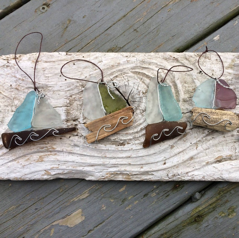 Seaglass Sailboat Ornament, Beach Christmas Bauble
