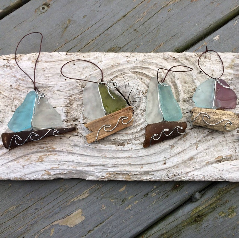 Seaglass Sailboat Ornament, Sun catcher, beach Christmas bauble, beach bathroom decor, authentic sea glass, beach glass decor, sailor gift image 1