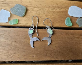 Sterling Silver Mermaid Tail Earrings with Green Sea Glass