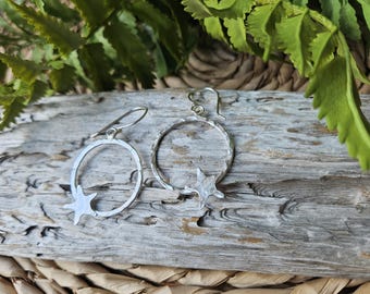 Hammered Sterling Silver Starfish Dangle Earrings: Recycled Sea Glass