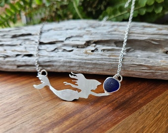 Mermaid Necklace with Blue Sea Glass, .925 Sterling Silver, beach glass necklace, beach birthday gift, mermaid pendant, little mermaid