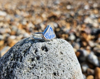 Adjustable Sea Pottery Ring: Sterling Silver Wrap Band, Beach Found Ceramic