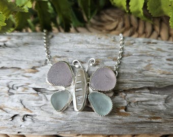 Sea Glass Butterfly Pendant: Sterling Silver, Lilac & Aqua