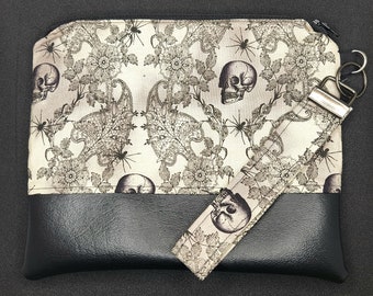 Skull and Lace Zippered Wristlet, Spider, Halloween, Spooky, Wristlet, Clutch, Two Toned, Smartphone Wristlet, Festival Bag, Wallet, Purse