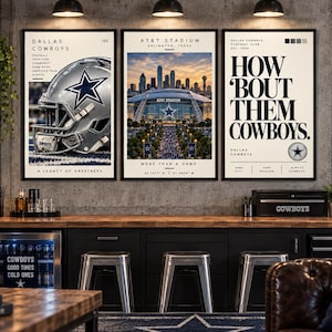 May include: Three framed wall art prints featuring Dallas Cowboys themes. The left print shows a silver football helmet, the center print displays AT&T Stadium at sunset, and the right print features the text How Bout Them Cowboys in bold black font.