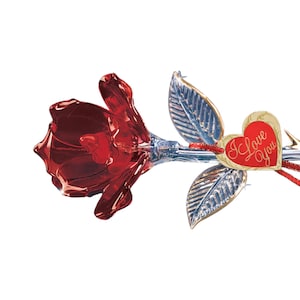 Red Glass Rose I Love You | Handcrafted Open Rose with Ribbon Tag | Romantic 22Kt Gold Flower Gift | Forever Rose for Her | Love Keepsake