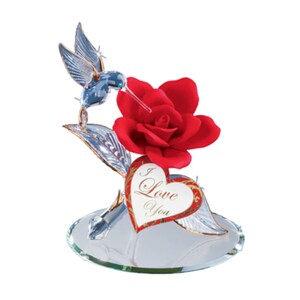 I Love You Hummingbird on Red Rose Figurine | Glass Anniversary Gift | Handcrafted Romantic Decor | Mother&#39;s Day Gift for Her