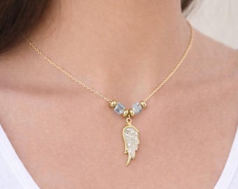 Angel Wing Necklace Gold Crystal Pendant Inspirational Memorial Faith Gift for Women Jewelry