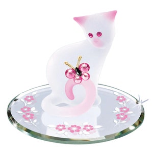 Pretty Kitty Glass Figurine | Pink and White Cat with Butterfly | Gift for Cat Lover | Handcrafted Crystal Accent Animal Decor