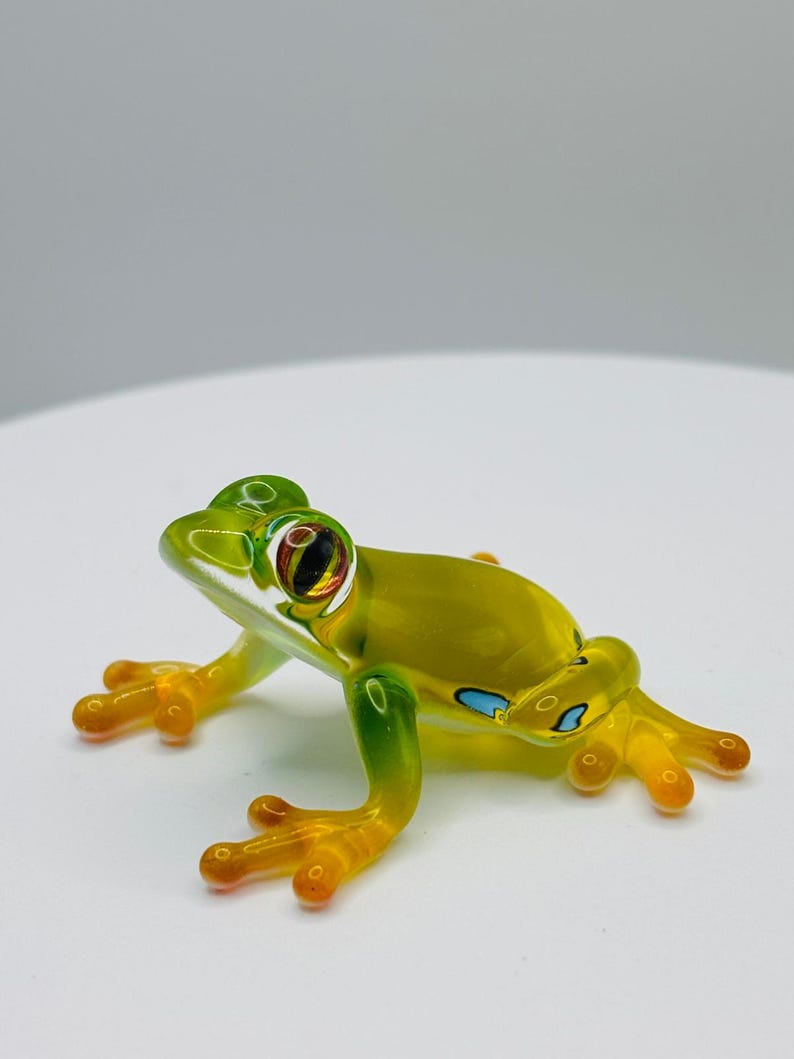Gefleckte Frosch Glasfigurine | Grün Gelb Frosch Dekor Mini Amphibien Tier Sammlerstück Display Bild 2