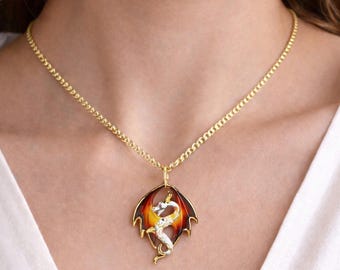 Dragon Necklace Glass Pendant Fantasy Jewelry Gothic Gift Mythical Creature